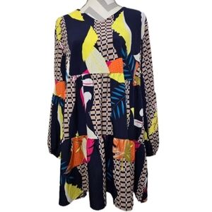 Navy Blue Tropical Geometric Print Mini Dress Boho Tiered V-Neck Size XL